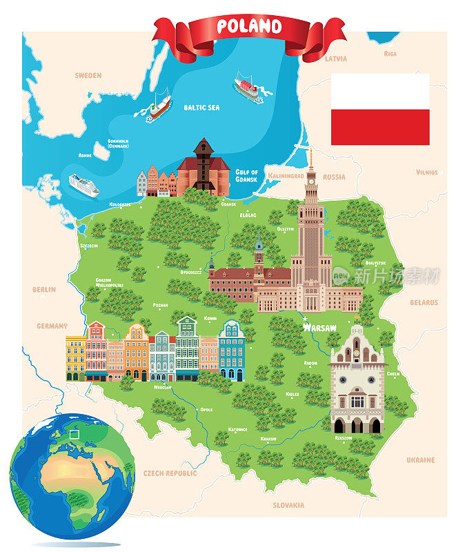 波兰旅游地图， 华沙， 克拉科夫， ?ód?， 弗罗茨瓦夫， 波兹南， 格但斯克， 什切青， 拜德戈斯茨， 卢布林， 卡托维兹，